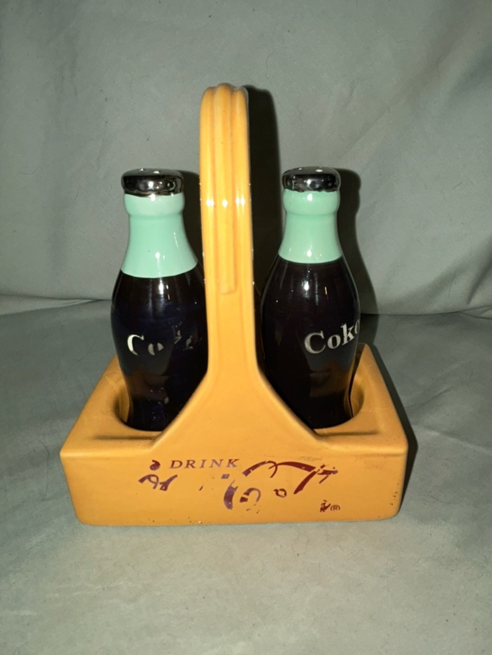 Coca Cola Carrier with Mint colored Top Bottle Salt & Pepper Set